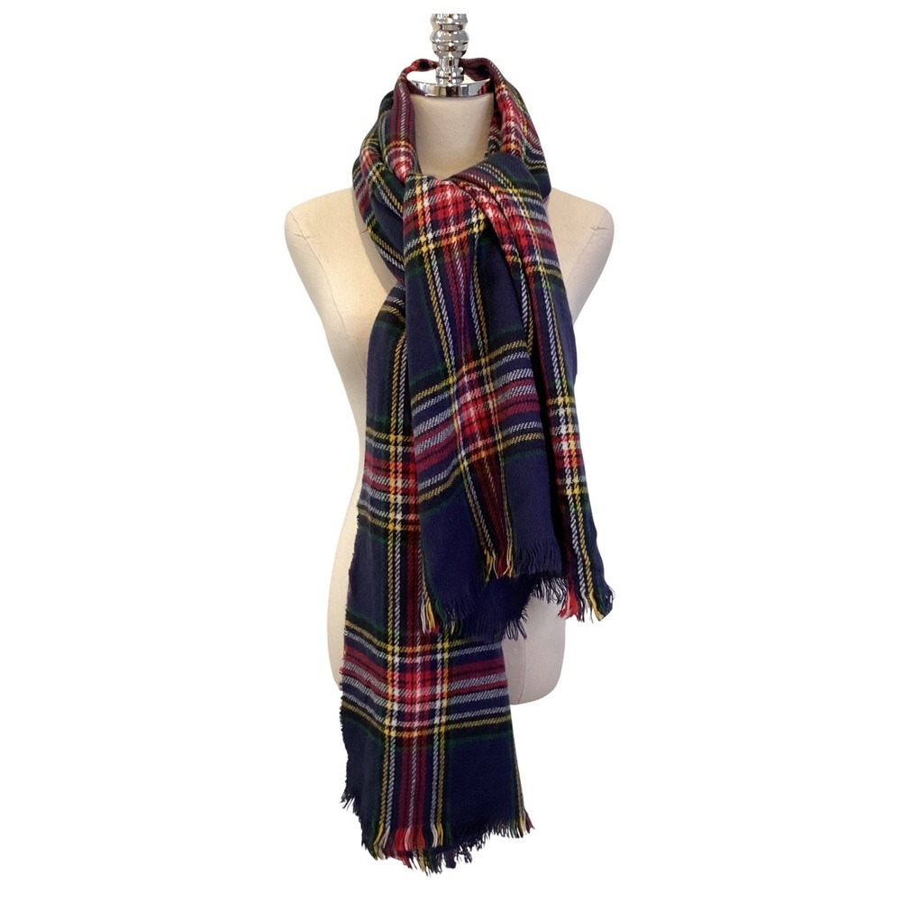Womens Navy Blue Red Plaid Tartan Fringe Blanket Scarf 31" x 80" - NWOT